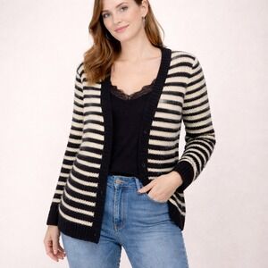 Daytrip Fuzzy Striped Cardigan Sweater Black Cream Long Sleeve M Emo Boho